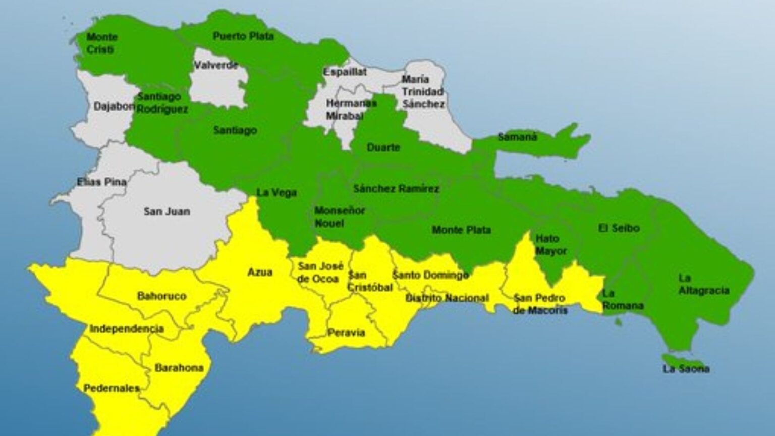Alerta amarilla en 10 provincias y el Distrito Nacional por sistema de baja presión y vaguada Mapa
